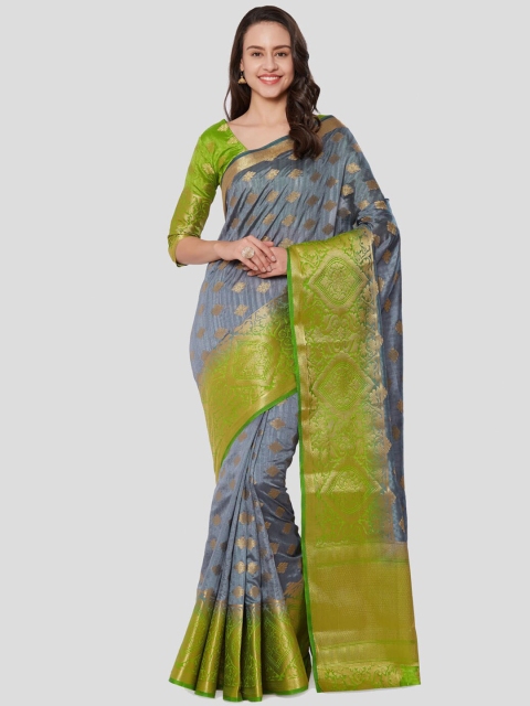 

Mitera Grey & Green Woven Design Zari Silk Blend Heavy Work Kanjeevaram Saree