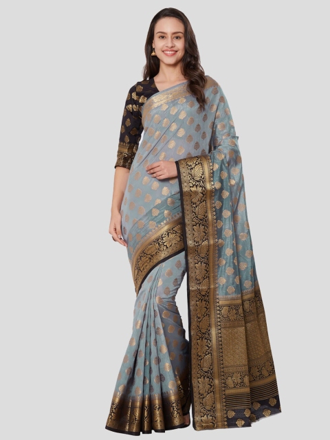 

Mitera Grey & Black Ethnic Motifs Zari Silk Blend Kanjeevaram Saree