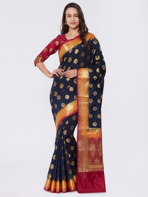 

Mitera Navy Blue & Red Woven Design Zari Silk Blend Kanjeevaram Saree