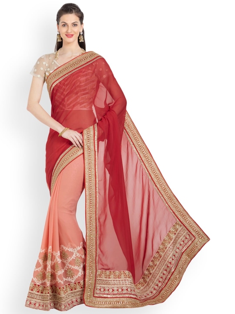 

Mitera Peach-Coloured & Red Floral Embroidered Half and Half Mangalagiri Saree