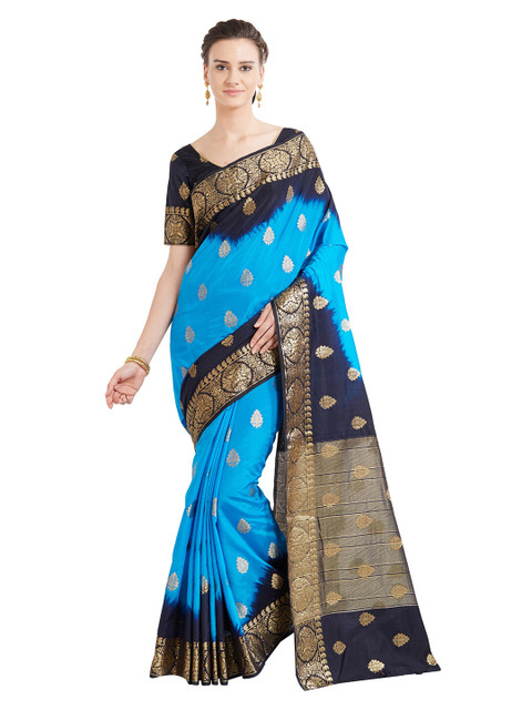 

Mitera Blue & Gold-Toned Ethnic Motifs Zari Silk Blend Banarasi Saree