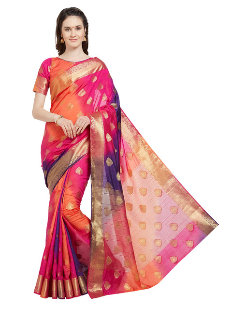 

Mitera Pink & Orange Ethnic Motifs Zari Silk Blend Banarasi Saree