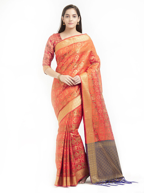 

Mitera Orange & Blue Woven Design Zari Silk Blend Pochampally Saree