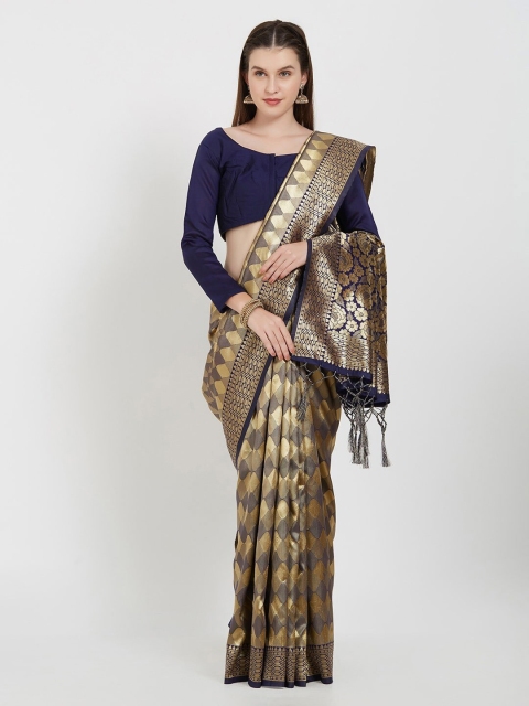 

Mitera Navy Blue & Gold-Coloured Ethnic Motifs Zari Silk Blend Kanjeevaram Saree