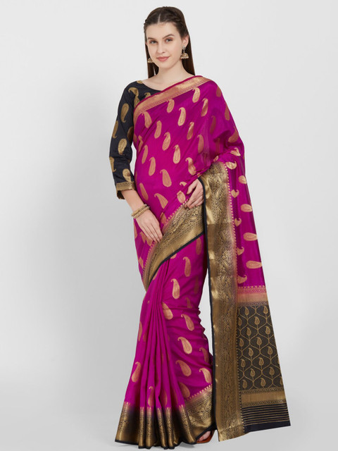

Mitera Pink & Black Woven Designed Silk Blend Banarasi Saree