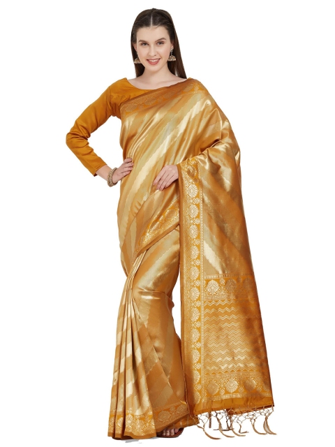 

Mitera Mustard & Gold-Toned Striped Silk Blend Kanjeevaram Saree