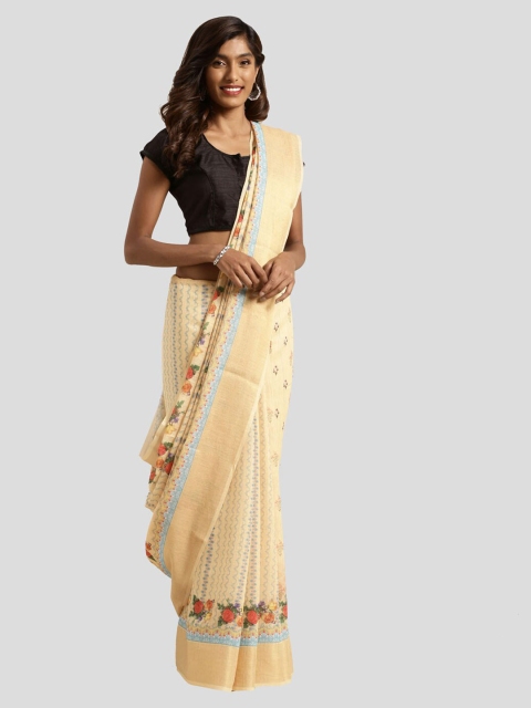 

Mitera Yellow & Orange Floral Linen Blend Saree