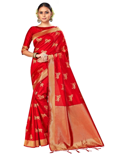 

Mitera Red & Gold-Toned Woven Design Art Silk Banarasi Saree