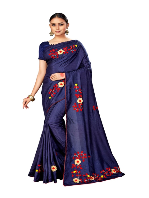 

Mitera Navy Blue & Red Floral Embroidered Silk Blend Saree