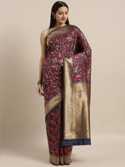 

Mitera Navy Blue & Red Woven Design Zari Art Silk Saree