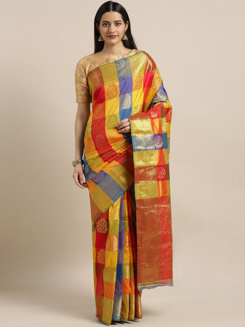 

Mitera Yellow & Red Woven Design Zari Silk Blend Saree