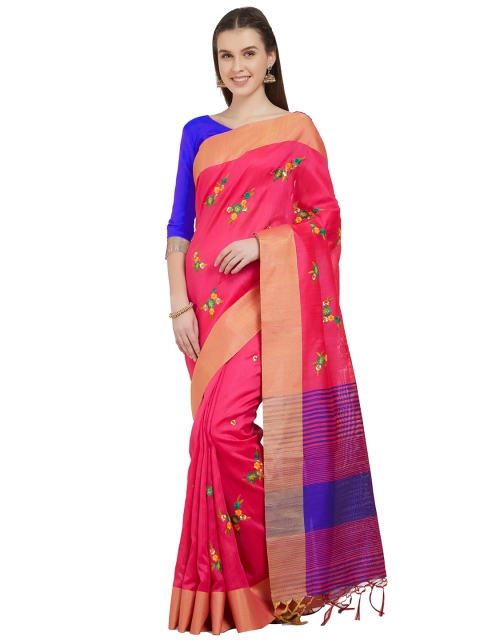 

Mitera Pink & Blue Floral Embroidered Silk Cotton Sambalpuri Saree