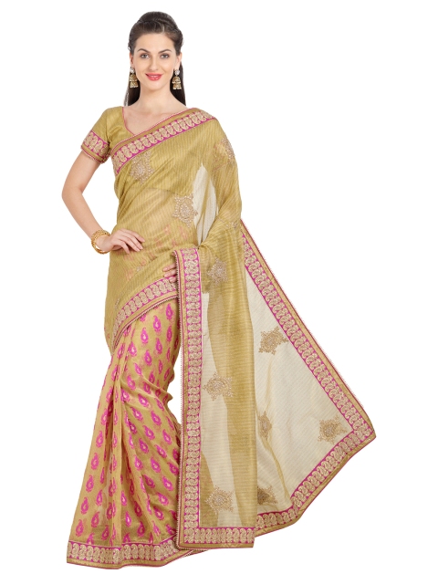 

Mitera Gold-Toned & Magenta Ethnic Motifs Zardozi Silk Blend Half and Half Mangalagiri Saree
