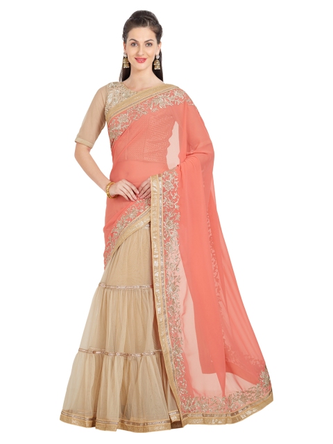 

Mitera Peach-Coloured & Cream-Coloured Embroidered Mangalagiri Lehenga Saree