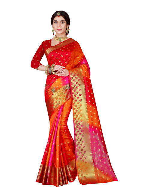 

Mitera Pink & Red Woven Design Zari Silk Blend Banarasi Saree