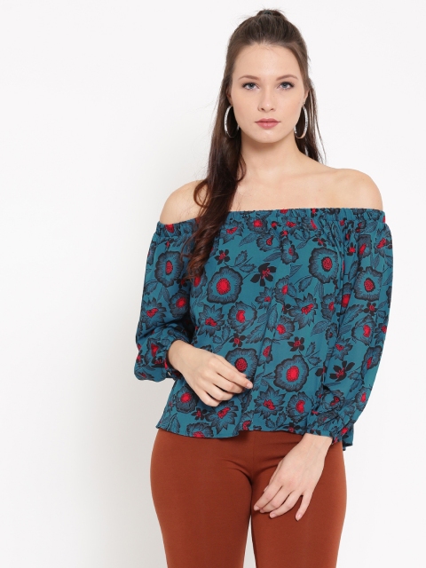 

FOREVER 21 Women Teal Blue Printed Off-Shoulder Top