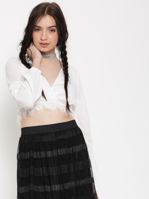 

FOREVER 21 Women White Crop Top with Lace Detail