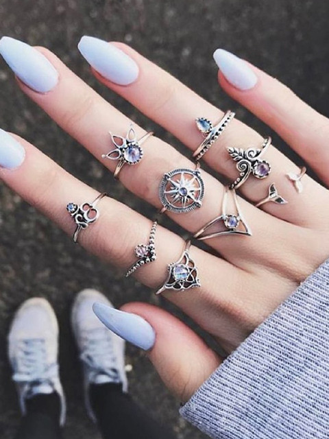 

OOMPH Set Of 9 Oxidised Silver-Toned Bohemian Fashion Ring Set