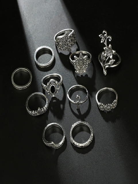 

OOMPH Set Of 12 Oxidised Silver-Plated Bohemian Fashion Ring Set