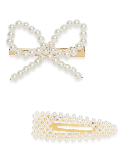 

OOMPH Women White & Gold-Toned Set of 2 Embellished Tic Tac Hair Clip