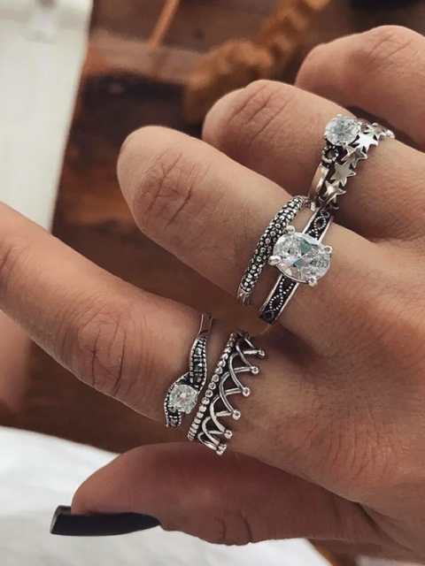 

OOMPH Set Of 6 Oxidised Silver-Toned & White Crystal-Studded Bohemian Finger Rings