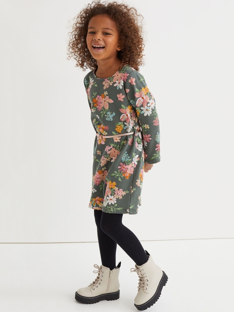 

H&M Girls Green & Pink Floral Printed Belted Sweatshirt Dress