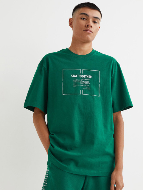

H&M Men Green Relaxed Fit Printed T-shirt