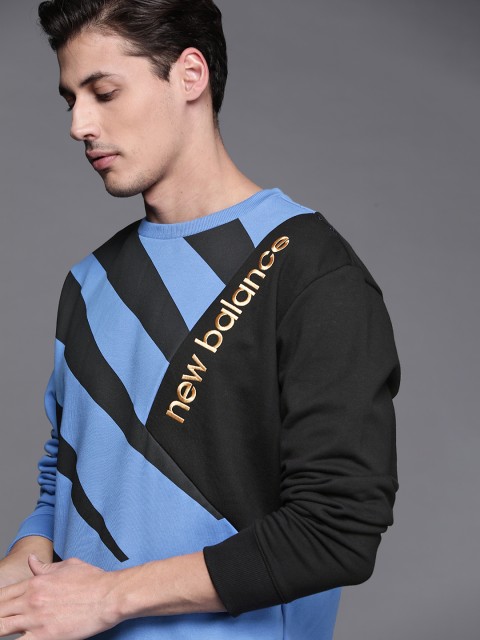 

New Balance Men Blue & Black Pure Cotton Colourblocked Brand Logo Embroidered Sweatshirt