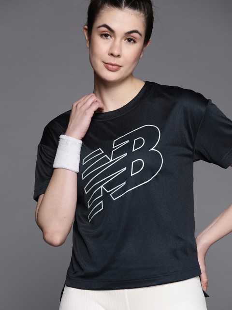 

New Balance Women Navy Blue Brand Logo Printed Drop-Shoulder Sleeves T-shirt