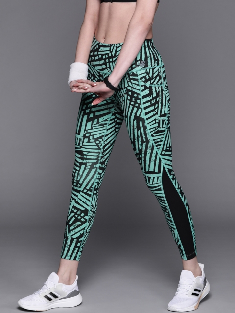 

New Balance Women Green & Black Striped Training & Gym Tights