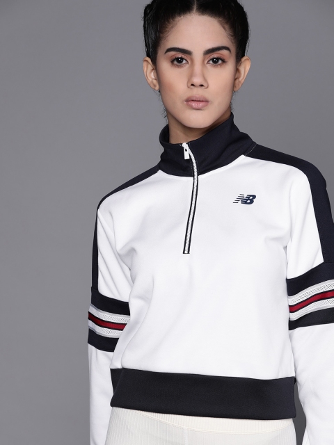 

New Balance Women White & Black Mandarin Collar Monochrome T-shirt