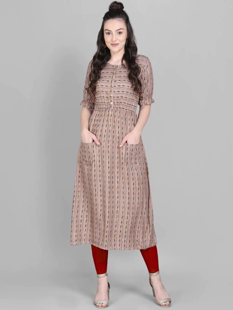 

OM SAI LATEST CREATION Women Coffee Brown Geometric Printed Bell Sleeves Kurta