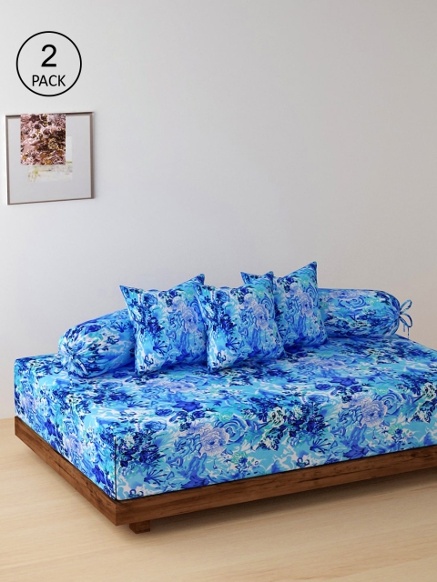 

NEUDIS Set Of 2 Printed Velvet Bedsheets With 4 Bolster & 6 Cushion Covers, Blue