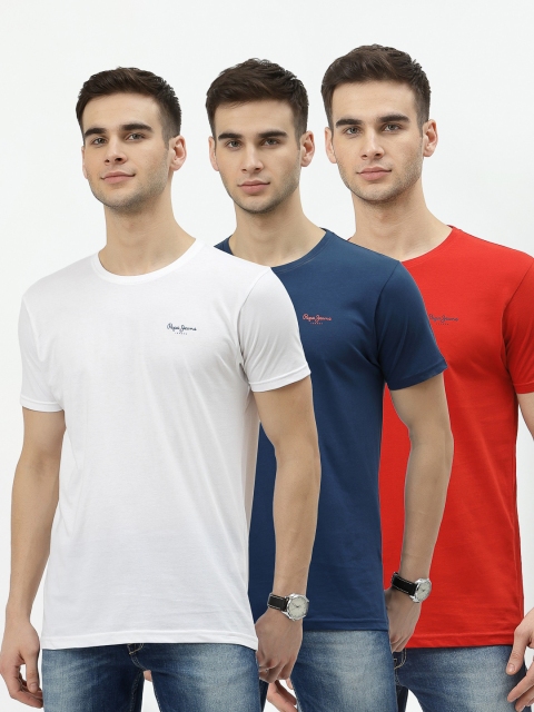 

Pepe Jeans Men Pack Of 3 Red & Navy Blue Brand Logo Pure Cotton T-shirts