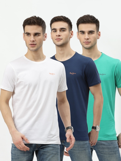 

Pepe Jeans Men Pack Of 3 Green & Navy Blue Pure Cotton T-shirts