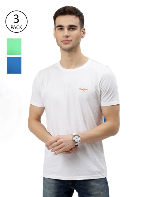 

Pepe Jeans Men Pack Of 3 Green & Blue Brand Logo Pure Cotton T-shirts
