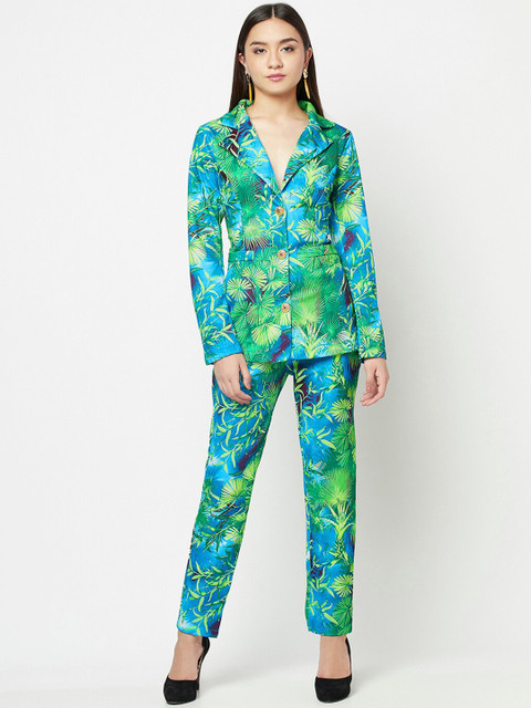 

iki chic Women Green & Blue Printed Single-Breasted Tailored-Fit 2 Piece Suit