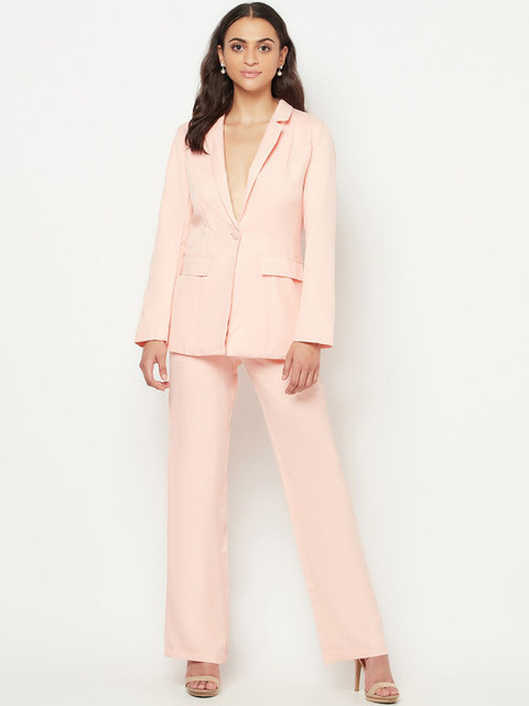 

iki chic Women 2 Piece Pink Solid Single-Breasted Formal Suit