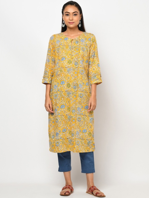 

Fabindia Women Yellow & Blue Ethnic Motifs Printed Keyhole Neck Kurta