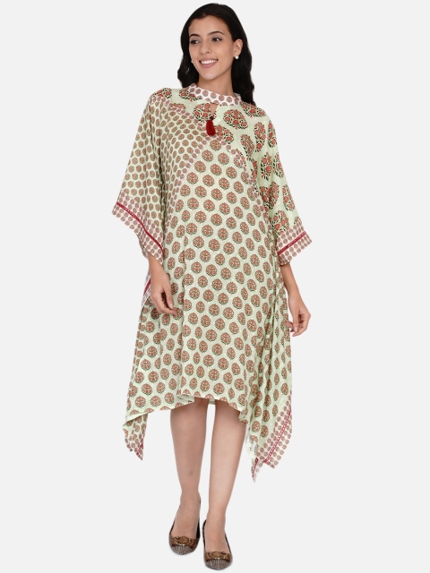 

The Kaftan Company Green & Red Ethnic Motifs Keyhole Neck Kaftan Dress