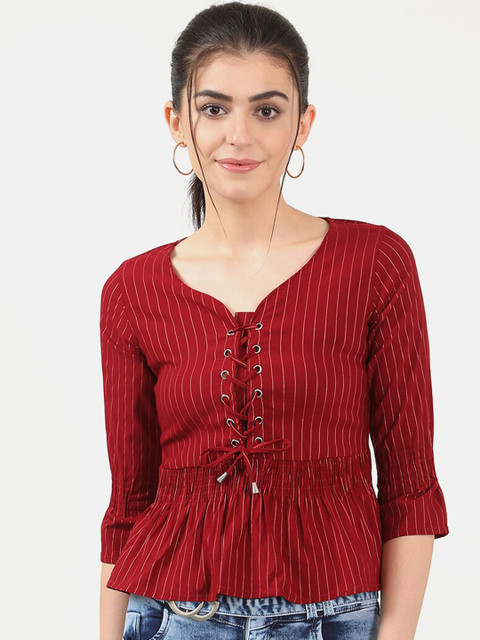 

V2 Value & Variety Women Maroon Striped Peplum Top