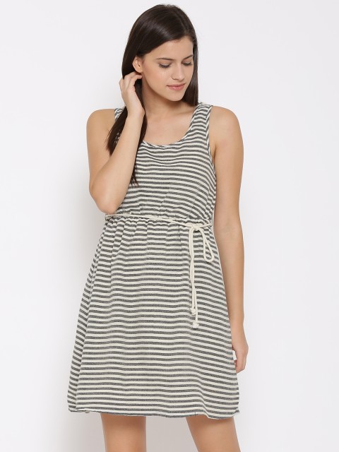 

Vero Moda Women Off-White Striped Belted Dress