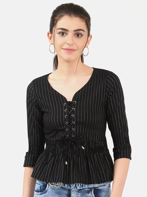 

V2 Value & Variety Women Black Striped Cinched Waist Top