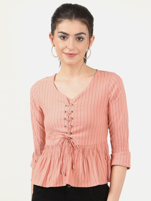 

V2 Value & Variety Women Peach Striped Regular Top