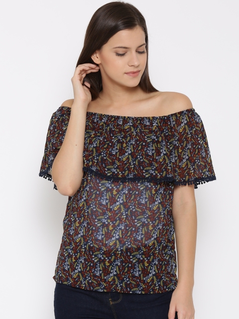 

Vero Moda Women Navy & Brown Printed Off-Shoulder Top, Navy blue