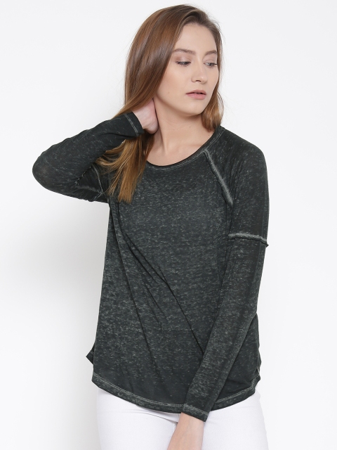 

Vero Moda Women Charcoal Grey Burn-Out Round Neck T-shirt