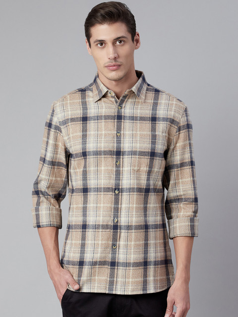 

Marks & Spencer Men Beige & Navy Blue Opaque Checked Casual Shirt