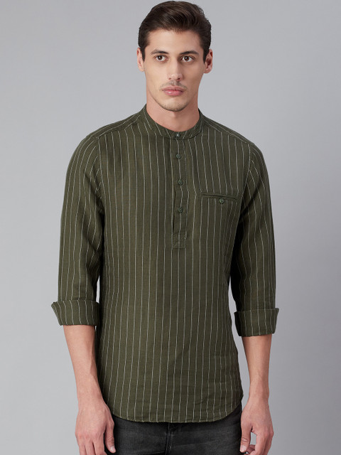 

Marks & Spencer Men Olive Green Slim Fit Striped Casual Shirt
