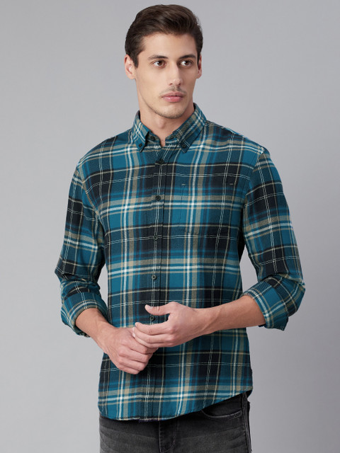 

Marks & Spencer Men Blue & Black Tartan Checked Casual Cotton Shirt