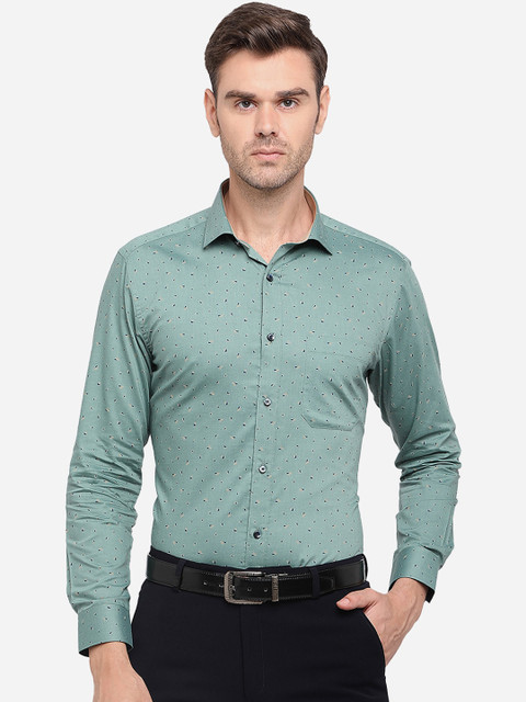 

Greenfibre Men Green Slim Fit Opaque Printed Pure Cotton Formal Shirt